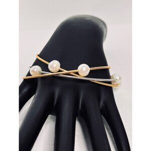 Bronze Honora 3 Linked Cultured Pearl Triple Thin Band Bangle Bracelet (6262)